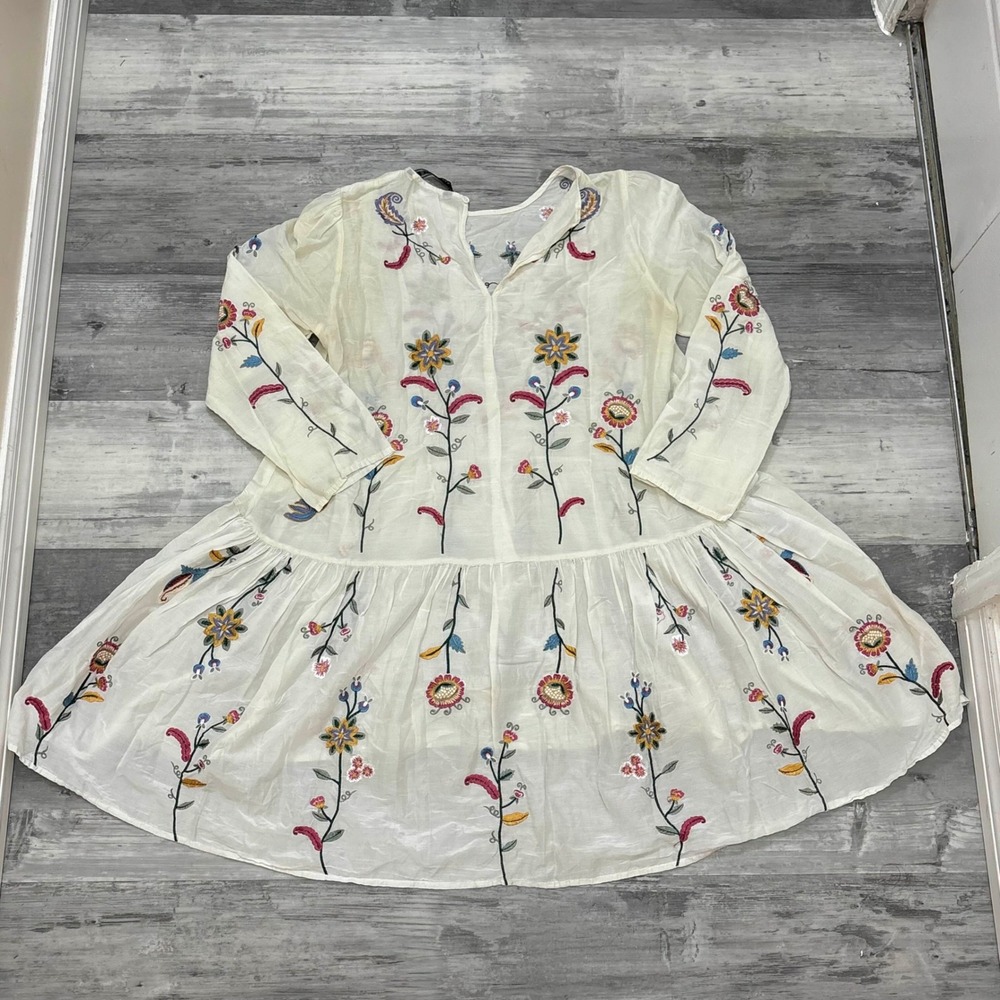 Zara Woman Embroidered Floral Dress Cream Bohemian Festival Long Sleeve Medium